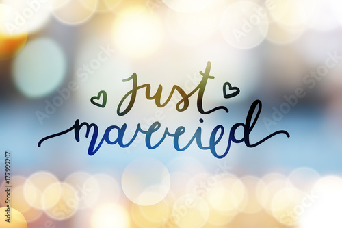just married lettering, vector card with handwritten text