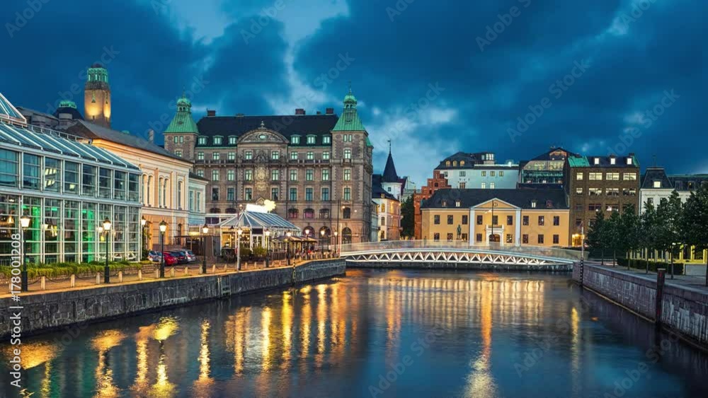 Malmo skyline from canal in the evening, Sweden (static image with animated sky and water)
Malmo skyline from canal in the evening, Sweden (static image with animated sky and water)