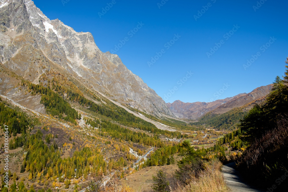 View of mountain peaks, valleys and pine tree forests in Val Ferret, Aosta Valley, Italy