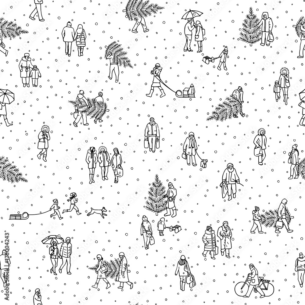 Seamless pattern of tiny pedestrians walking in winter through the city: small people wearing warm winter coats and carrying Christmas trees, in black and white