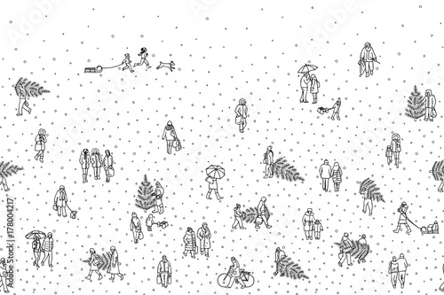 Fototapeta Naklejka Na Ścianę i Meble -  Hand drawn illustration of tiny pedestrians walking in winter through the city: small people wearing warm winter coats and carrying Christmas trees. Seamless banner, can be tiled horizontally