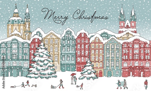 Hand drawn illustration of a city in winter at Christmas time, with small people, cathedral and Christmas trees