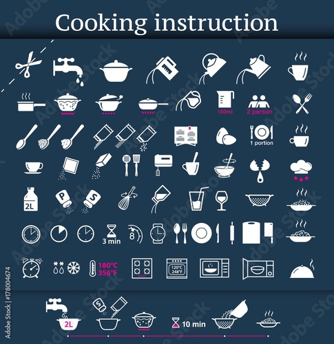 Set of sign for cooking and preparation instructions. Vector elements on dark background. Ready for your design.
