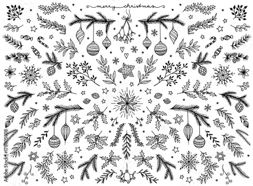 Hand sketched floral design elements for Christmas: pine tree branches, holly, mistletoe and other floral ornaments for text decoration
