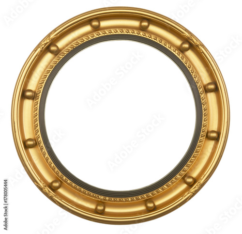 Circular gilt antique picture frame on white background