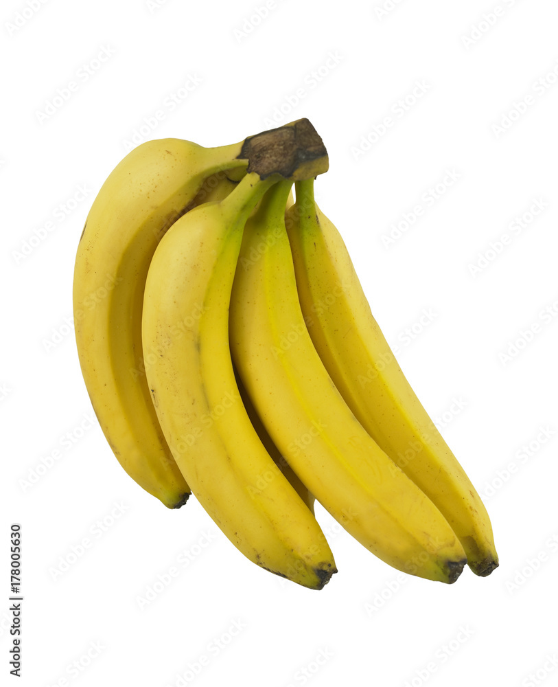 Bunch of ripe yellow bananas on white background