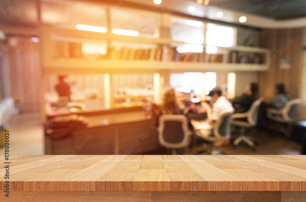 wood shelf on abstract blurred people background wood shelf on abstract blurred people background