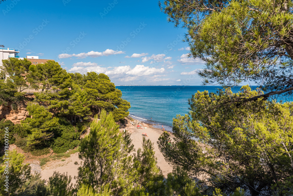 View of the coastline of the Costa Dorada in Miami Platja, Tarragona, Catalunya, Spain. Copy space for text.