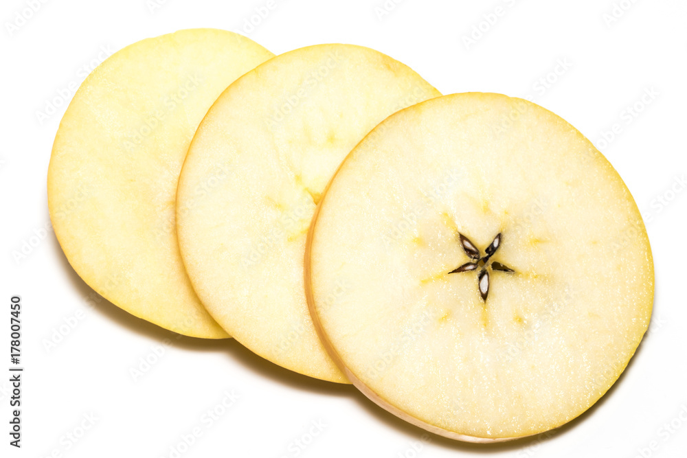 Slice of  yellow apple fruit  isolated on white background