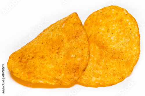 potato chips closeup isolated on a white background photo