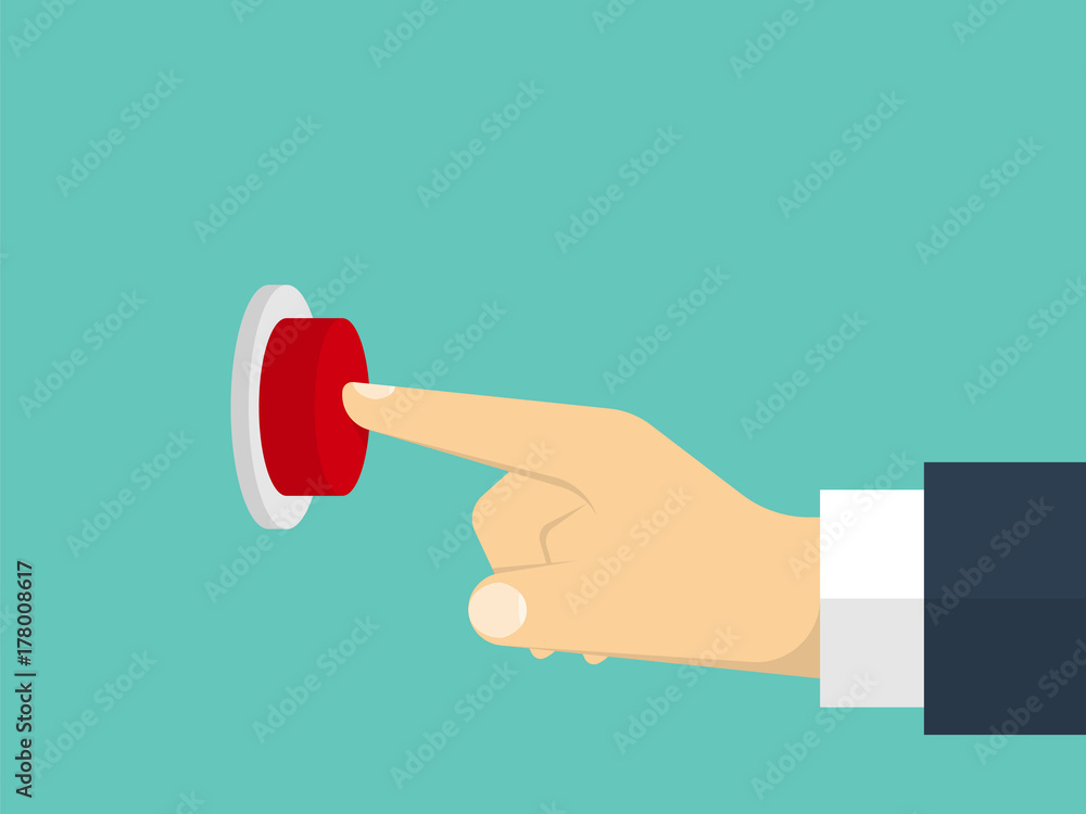 Hand pressing the button. Flat design style. Vector illustration