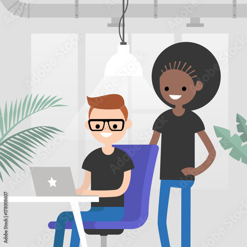 Teamwork. Office routine life. Colleagues discussing a project. Senior manager supervising a junior manager. Modern loft office interior. Flat vector characters. Millennials at work, illustration.