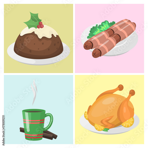 Traditional christmas food cards desserts holiday decoration xmas sweet celebration meal vector illustration.