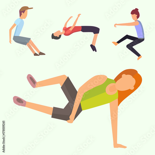 Fitness sport parkour people concept young person jumping extreme running danger gymnastics exercising vector illustration