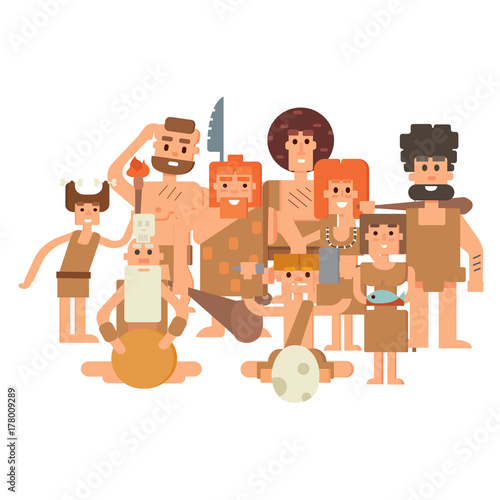 Caveman primitive stone age cartoon neanderthal people character evolution vector illustration.