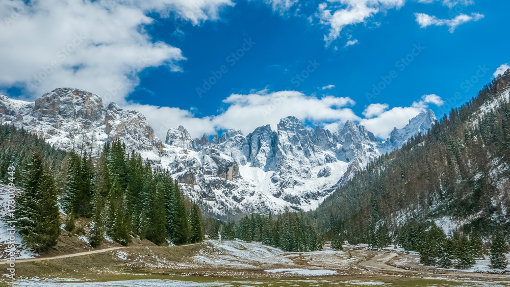 Breathtaking panorama of winter alpine mountain valley