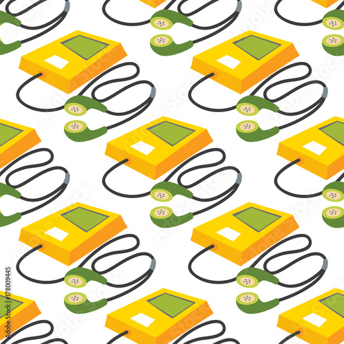 Music mp3 player with headphones yellow digital sound communication device seamless pattern background vector illustration.