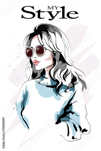 Beautiful young blond hair woman portrait. Fashion woman. Hand drawn fashion girl in sunglasses. Sketch.