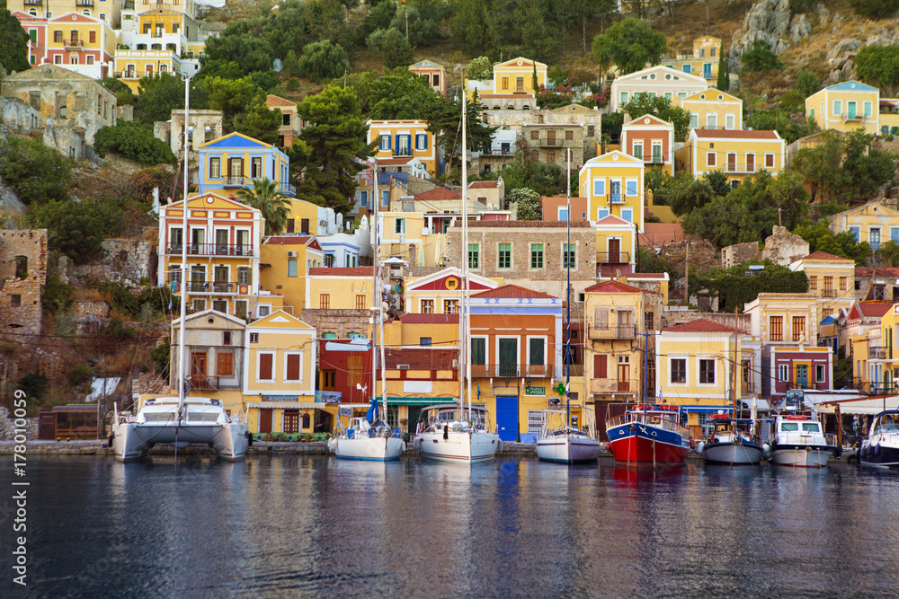 Yachts docekd at the harbour of Greek island Symi