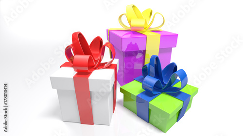 Three gift boxes on white surface - 3D rendering