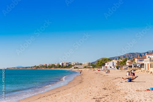 Fototapeta Naklejka Na Ścianę i Meble -  Sand beach in Miami Platja, Tarragona, Catalunya, Spain. Copy space for text.