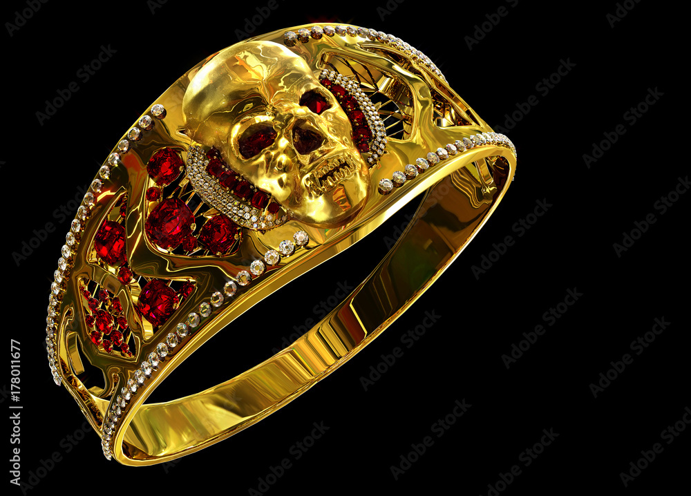 Jewelry gold skull ring with diamond and red ruby gems. Antiques fingers  ring from pirate treasure may be magic vampire artifact. Luxury bijouterie  band for biker. 3D rendering. Stock Illustration | Adobe