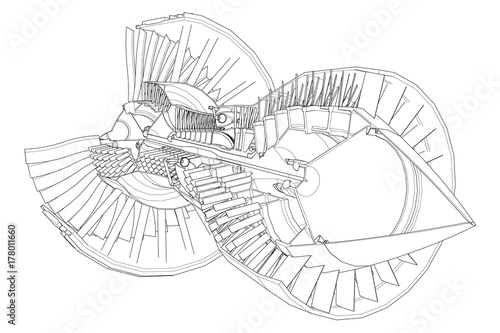 Turbo jet engine aircraft. Vector line illustration.