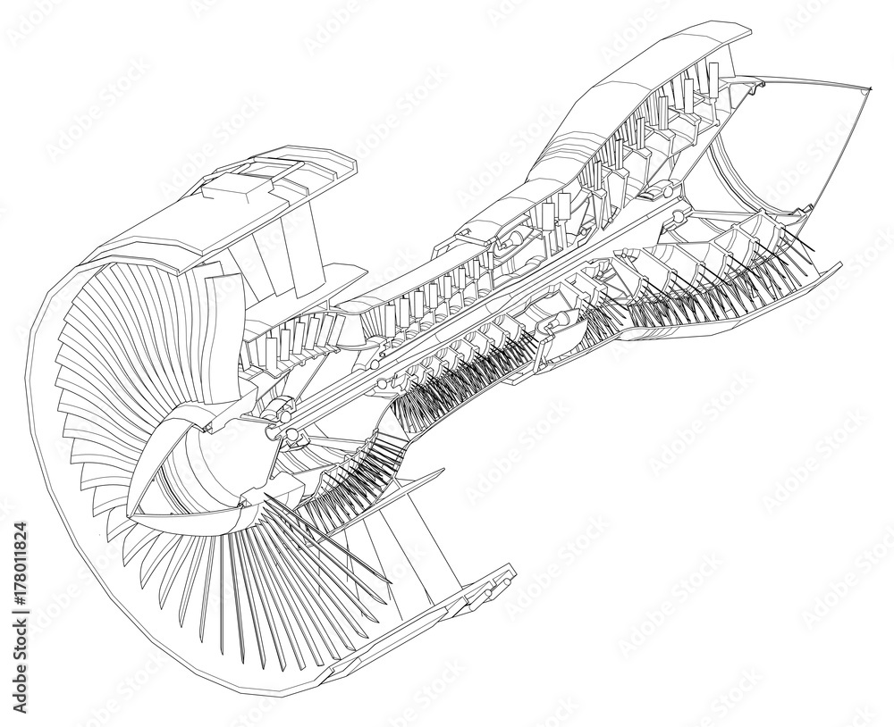 Turbo jet engine aircraft. Vector line illustration. Stock Vector