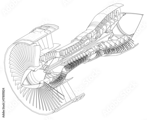 Turbo jet engine aircraft. Vector line illustration.