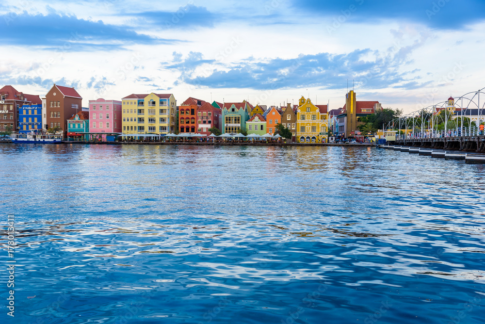 Colorful Buildings in Willemstad downtown, Curacao, Netherlands Antilles,  a small Caribbean island - travel destination for cruise ships or vacation