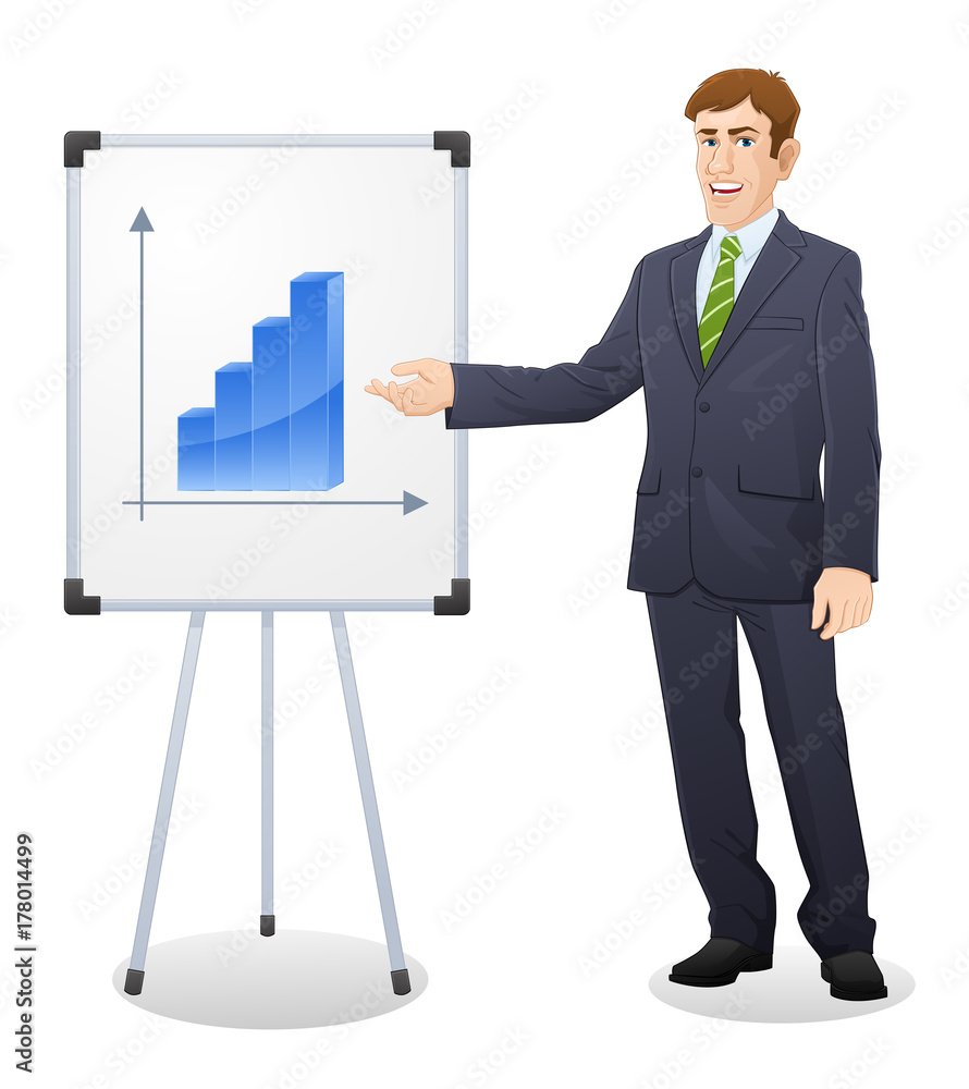 Happy businessman gesturing towards flip chart Happy businessman gesturing towards flip chart