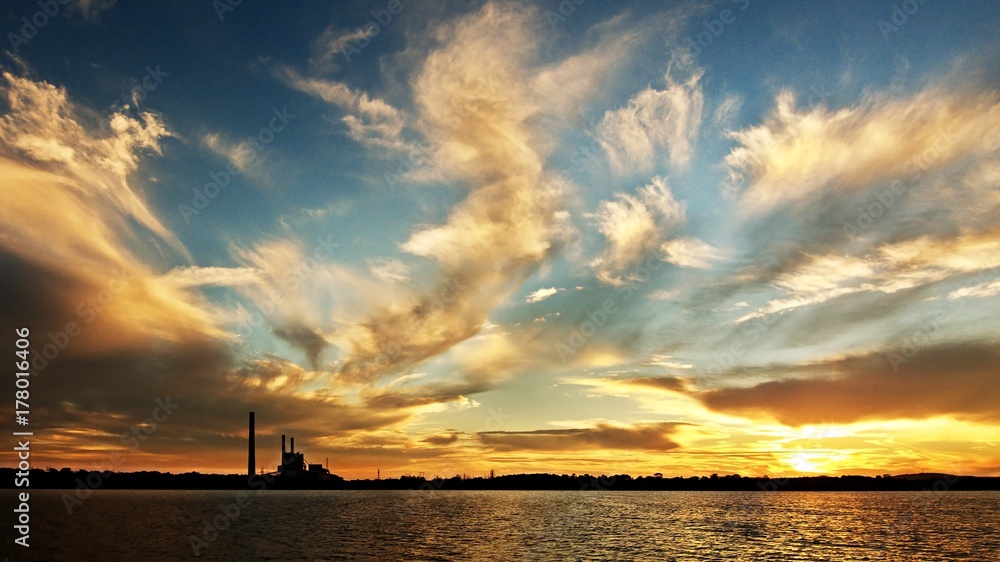 Spectacular Golden Lake Sunset over Vales Point power station. Spectacular Golden Lake Sunset over Vales Point power station.