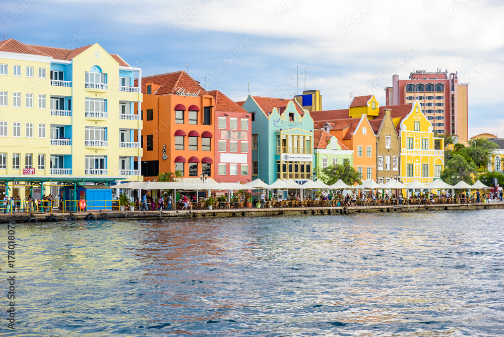 Colorful Buildings in Willemstad downtown, Curacao, Netherlands Antilles,  a small Caribbean island - travel destination for cruise ships or vacation