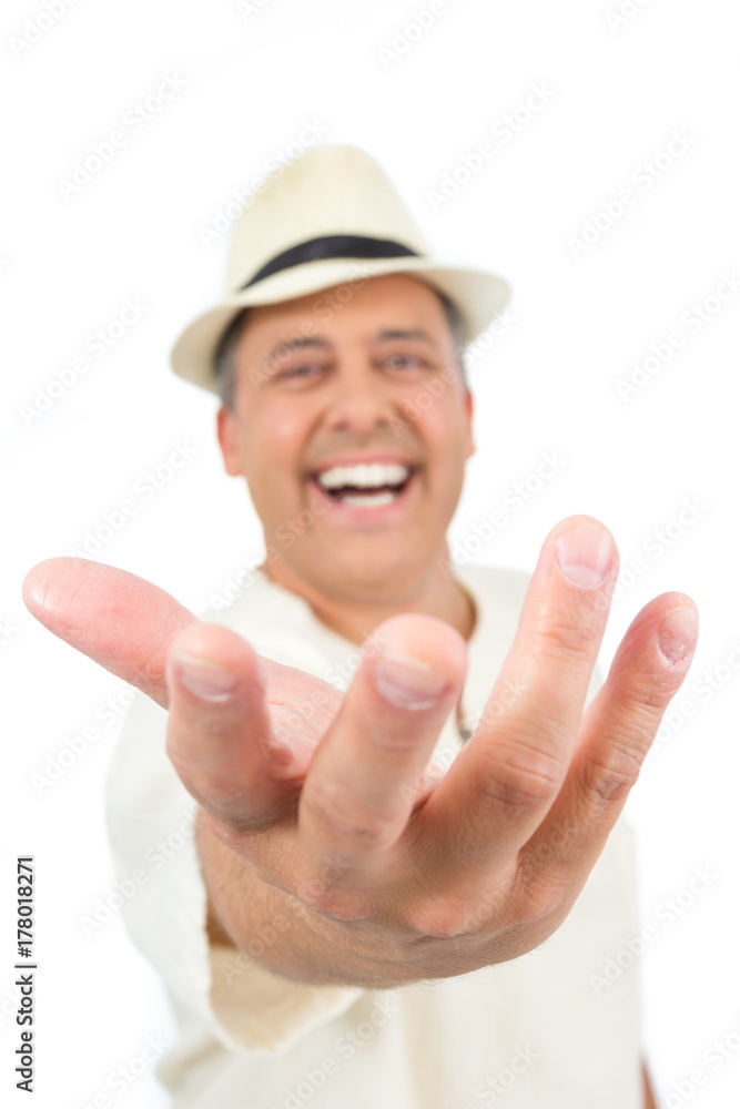 Man makes an invitation with hands. Traveler is wearing comfortable white hippie robe.. Man makes an invitation with hands. Traveler is wearing comfortable white hippie robe..