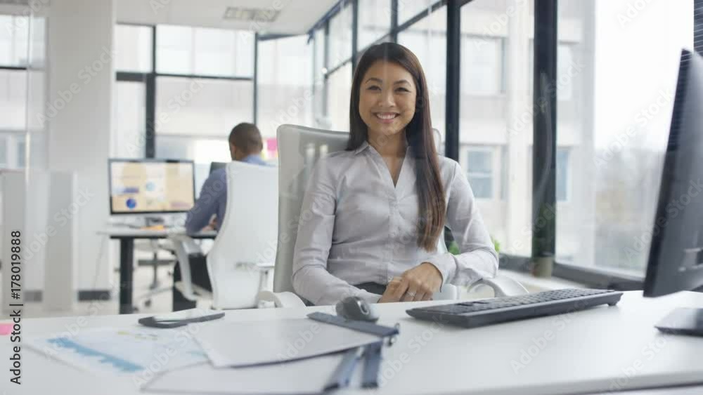 Portrait smiling businesswoman working on computer at her desk Portrait smiling businesswoman working on computer at her desk