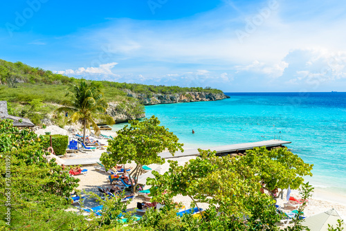Porto Marie beach - white sand Beach with blue sky and crystal clear blue water in Curacao, Netherlands Antilles, a Caribbean Island