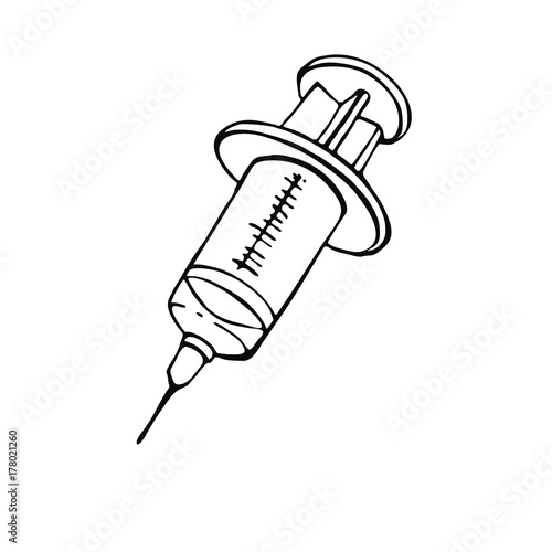 Hand-drawn syringe. Vector linear image on the topic of medicine, medicine and health.