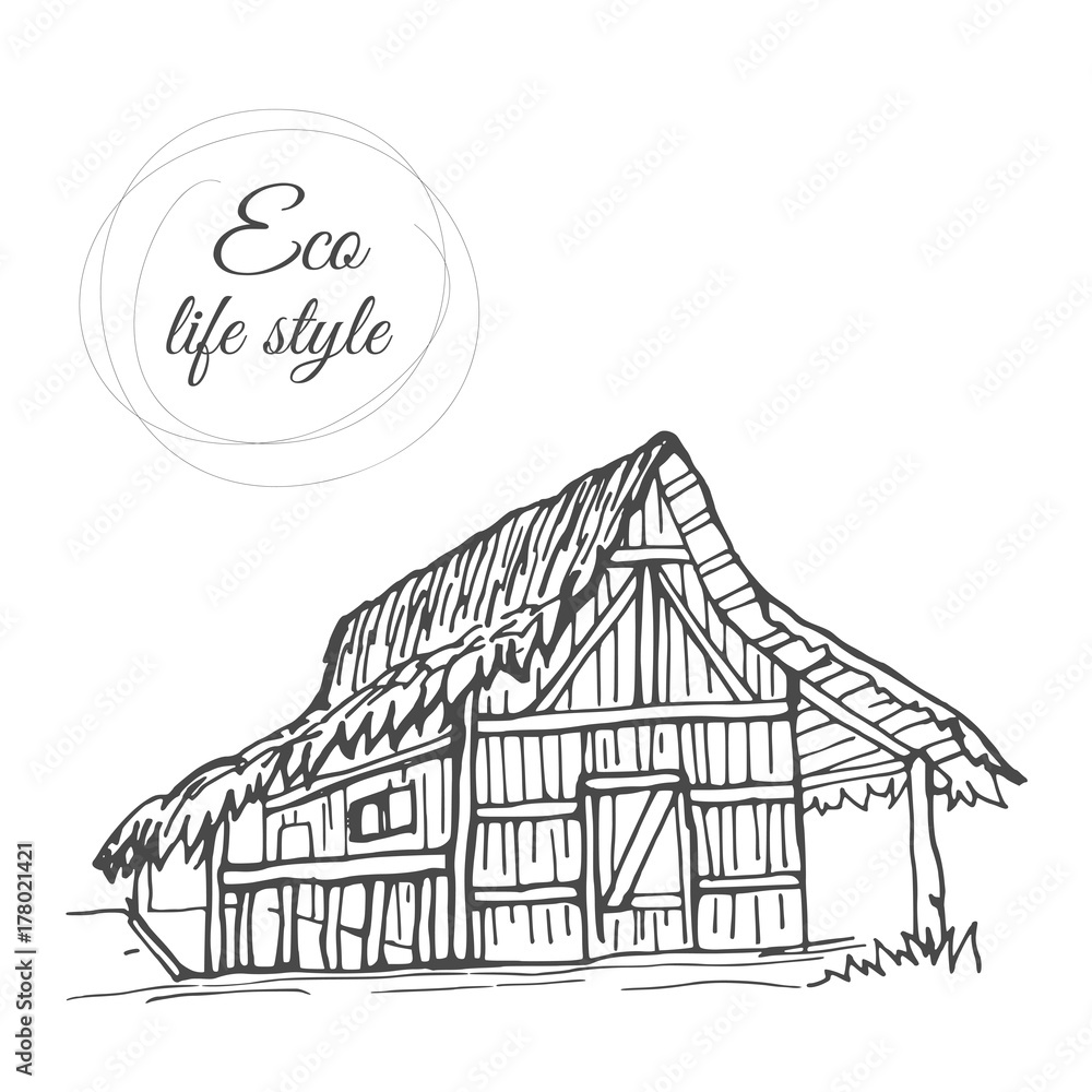 House among nature with thatched roof in the style of the sketch