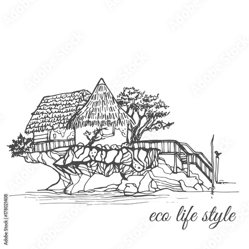 Houses on a stone in the middle of the water with a thatched roof and a long staircase in a sketch style