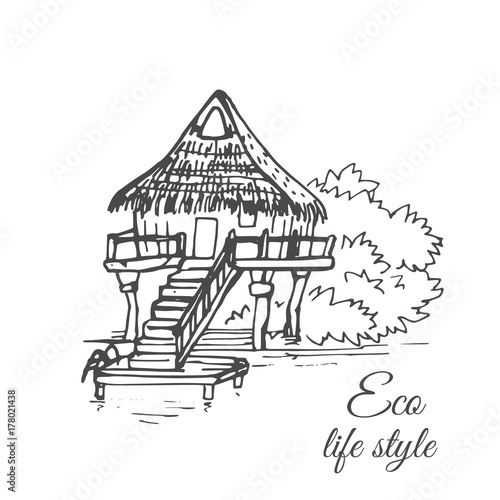 A wooden house on the water with a thatched roof and a long staircase in the style of a sketch