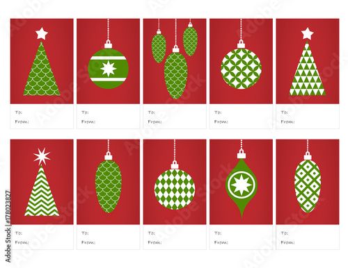 Christmas Gift Tags with Red and Green Christmas Trees and Retro Xmas Tree Ornaments. Modern Geometric Style. Printable Letter 8.5"x11" / A4 size sheet. To / From Tags.