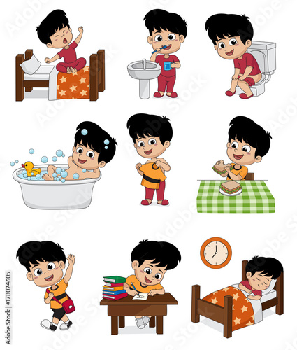 Set of daily cute boy.Boy wake up,brushing teeth,kid pee,taking a bath,dressed up,breakfast,kid learning,kid sleep.