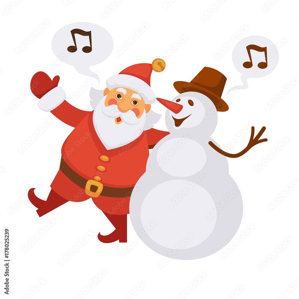 Santa and snowman singing Christmas song cartoon character vector icon