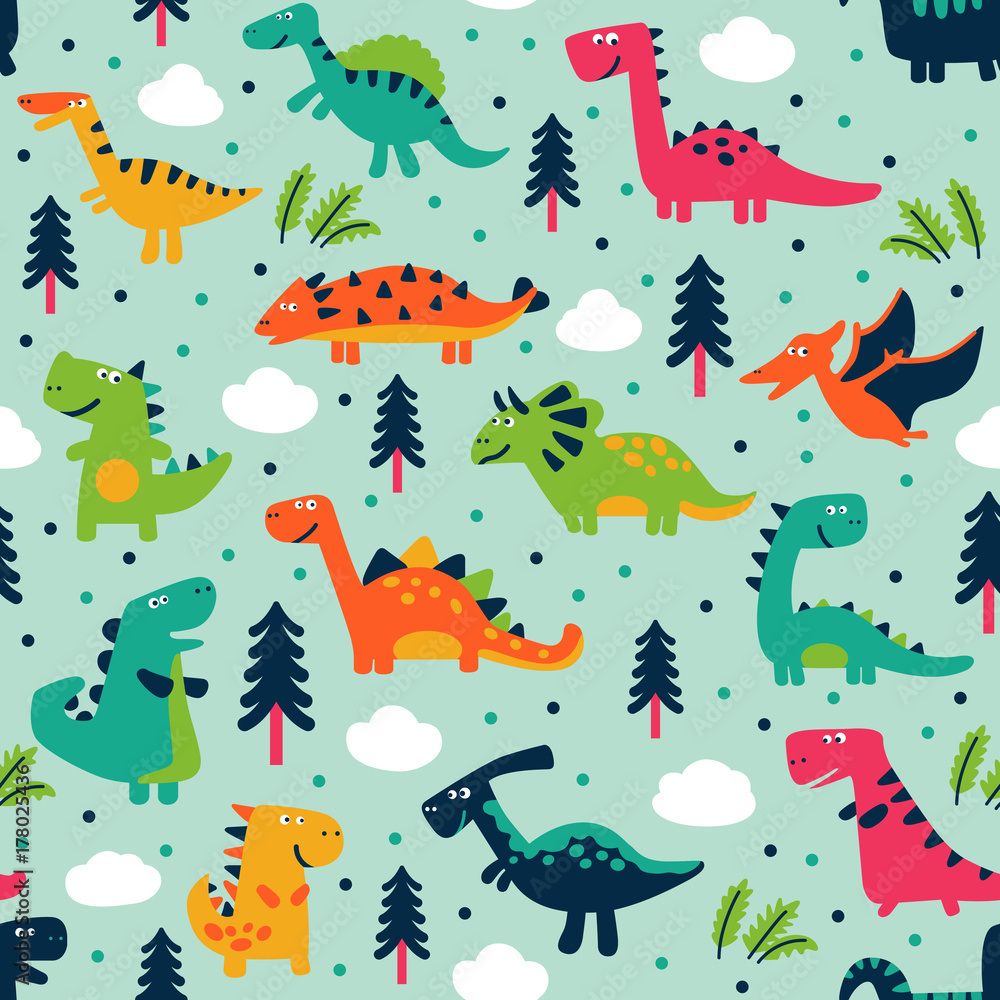 Adorable seamless pattern with funny dinosaurs in cartoon. Seamless pattern can be used for wallpapers, pattern fills, web page backgrounds,surface textures