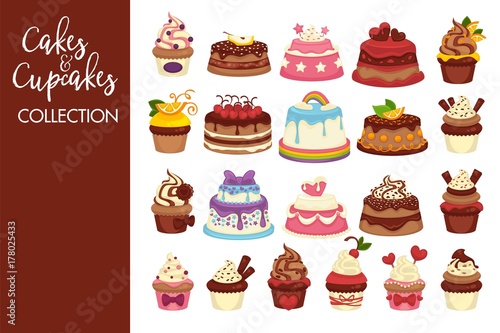 Tasty cakes and cupcakes full of cream collection