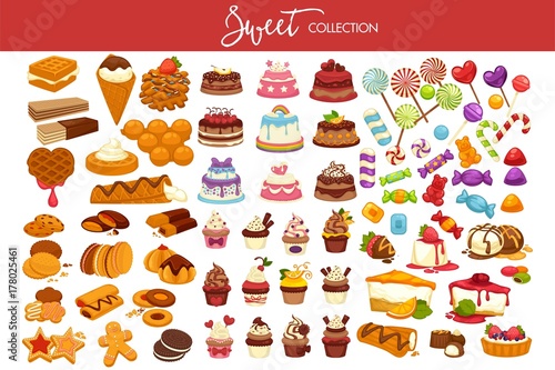 Sweet collection of tasty decorated desserts and candies