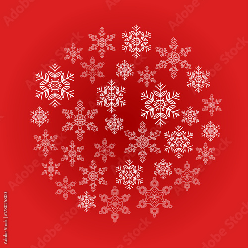 Merry Christmas card, snowflakes in a circle on a red, vector illustration.