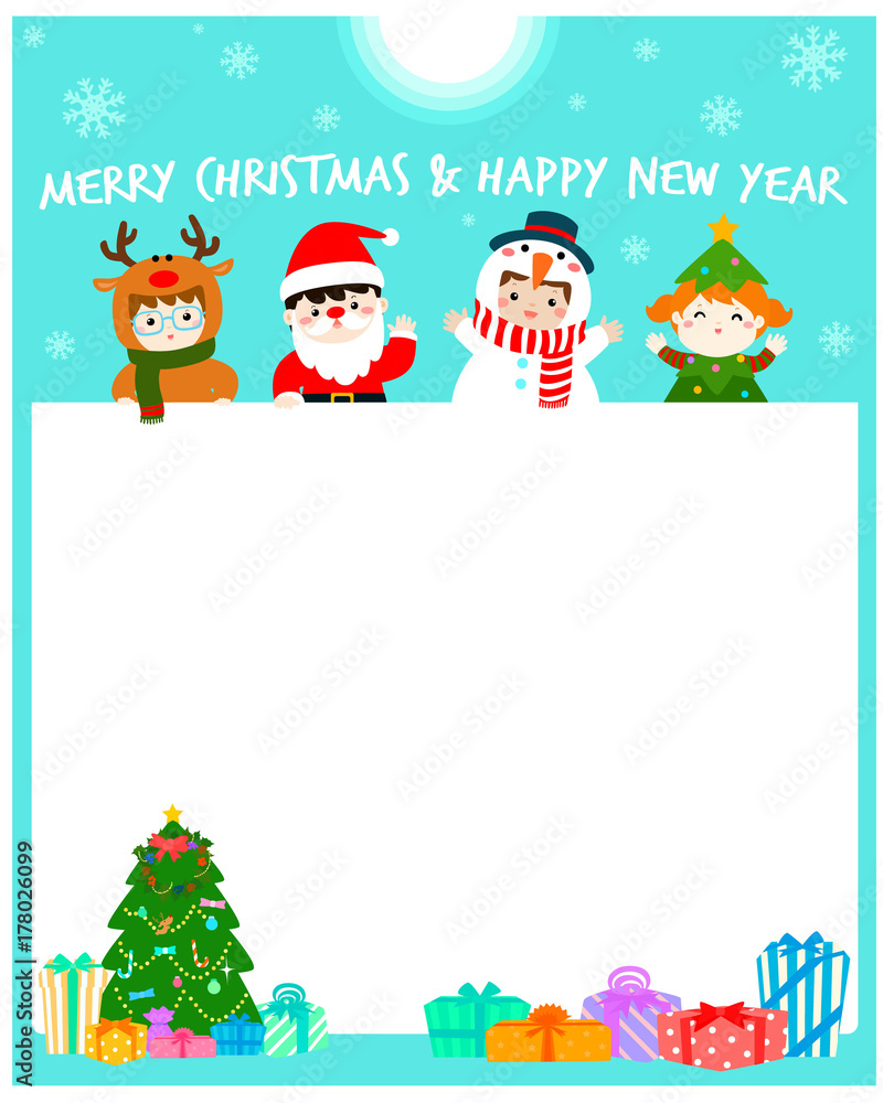 Cartoon vector of cute kids wearing Christmas costumes.background with Christmas tree and gift boxes.. Cartoon vector of cute kids wearing Christmas costumes.background with Christmas tree and gift boxes..