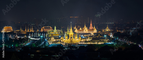 Panorama of Top view Scene of Construction site of the Royal funeral pyre for King Bhumibol Adulyadejaadej at night in Bangkok, Thailand