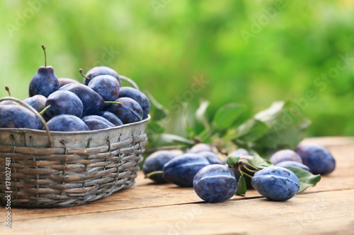 Ripe plums in basket and on wooden table outdoors